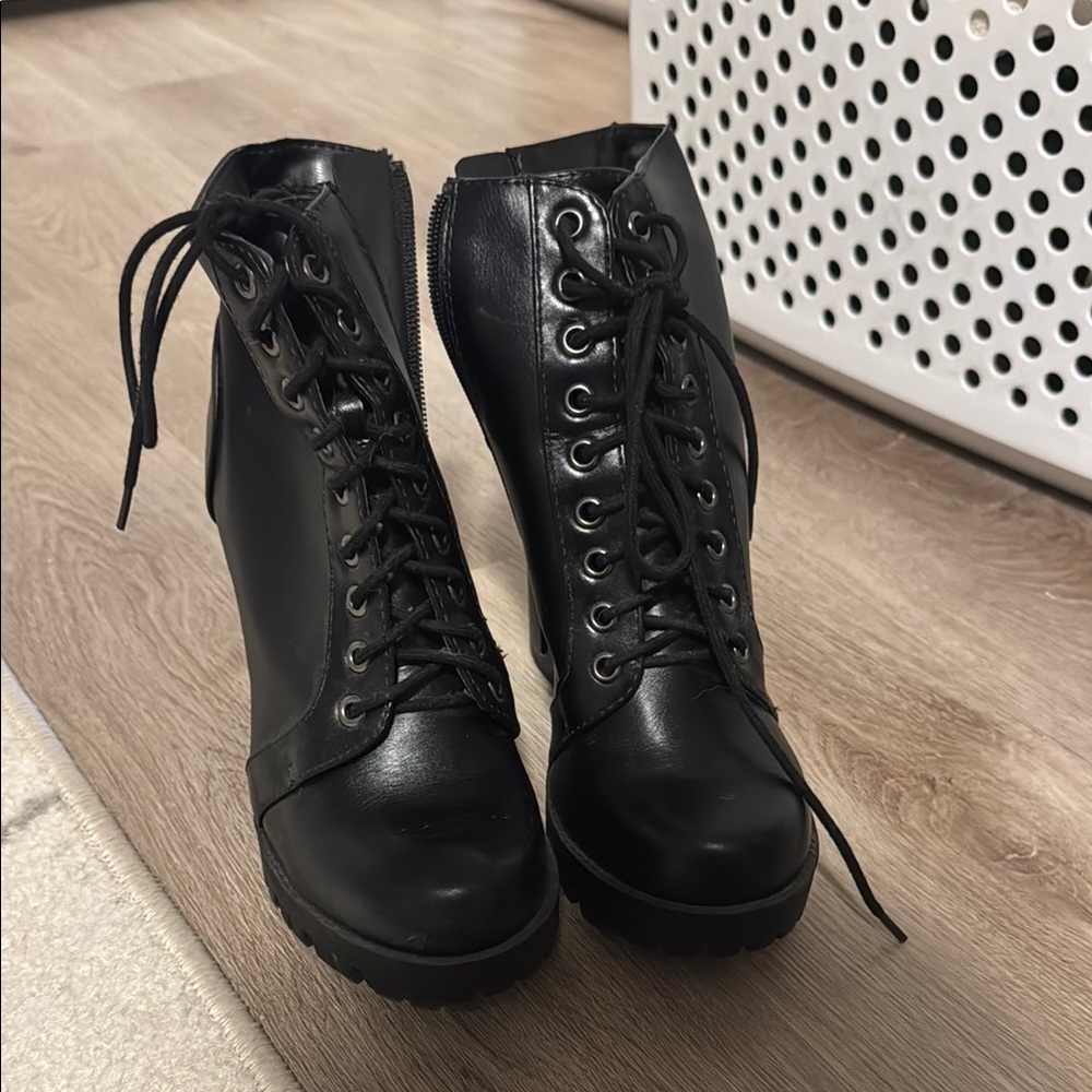 Soda Black Lace Up Boots with Chunky Sole